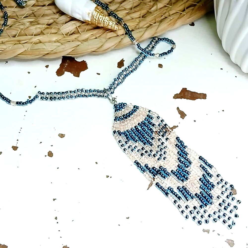 Seed Bead Fringe Choker Necklace, Boho Chic Statement Pink & Blue 15"
